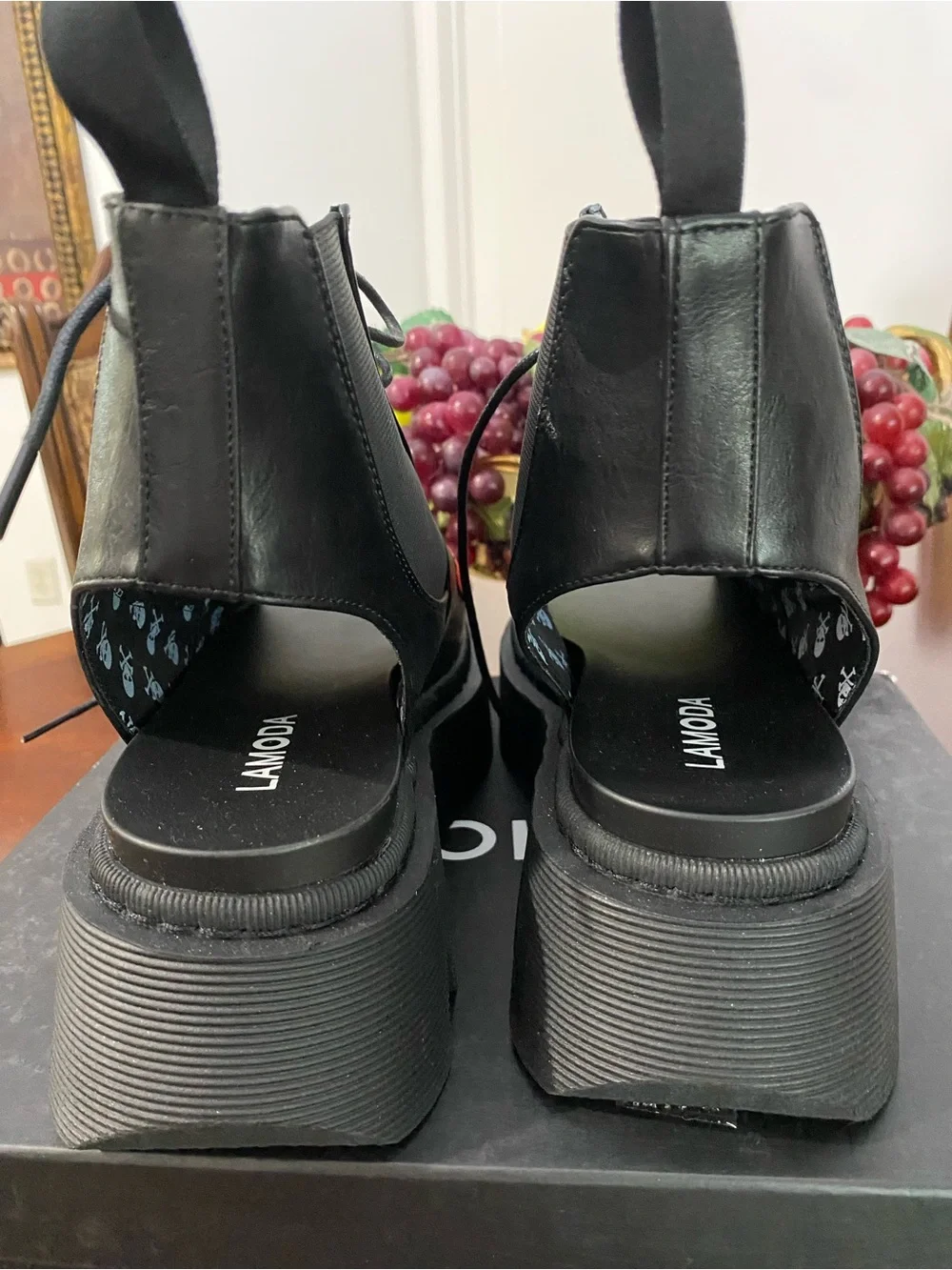 Black Platform Lace-Up Sandals with Red Heart Accents
